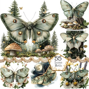 JPEG aquarel Luna groene nachtvlinder Clipart bundel mystieke nachtvlinder Clipart commercieel gebruik Instant Download papier ambachten ongewenste dagboek Scrapbooking