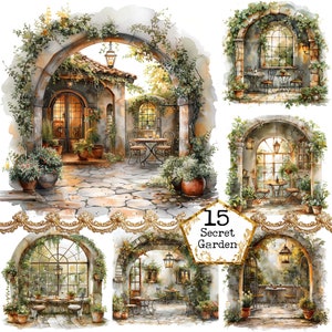 Ensemble de cliparts aquarelle jardin secret JPEG Téléchargement instantané JPEG à usage commercial Fleurs printanières Artisanat en papier Journal indésirable Scrapbooking