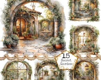May include: A digital collage of six images depicting a secret garden with arched doorways, stone pathways, and lush greenery. Each image features a different view of the garden, with details like lanterns, windows, and tables with chairs.