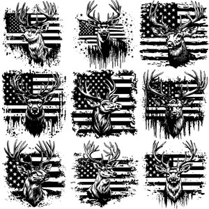 May include: Nine black and white illustrations of deer heads with antlers against a distressed American flag background.