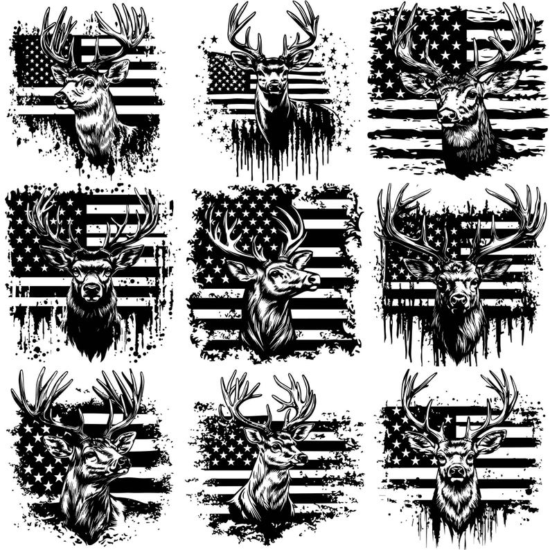 May include: Nine black and white illustrations of deer heads with antlers against a distressed American flag background.