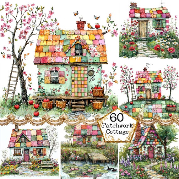 JPG Watercolor Patchwork Little House Clipart Bundle whimsical Cottage Clipart Floral Instant Download Paper Craft Junk Journal Scrapbooking
