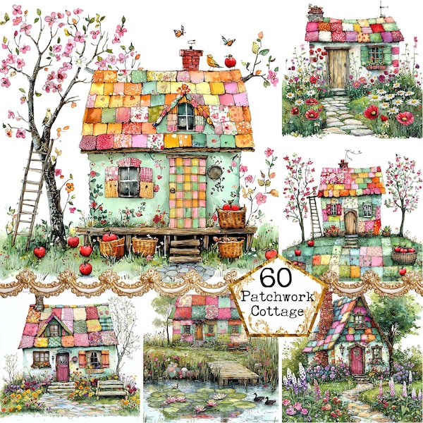Paquete de imágenes prediseñadas de casita de acuarela con diseño de patchwork en formato JPG, imágenes prediseñadas de cabaña caprichosa, descarga instantánea de papel, manualidades, diario basura, álbumes de recortes