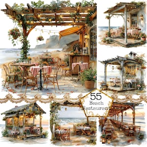 Aquarel strandrestaurant bundel JPEG Instant Download aquarel strand zomer clipart commerciële papier ambachten ongewenste dagboek scrapbooking