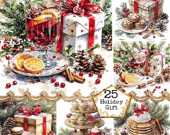 JPEG Watercolor Holliday Gift Clipart Bundle Watercolor Christmas Preasant Table Instant Download Paper Crafts Junk Journal Scrapbooking