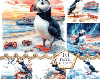 JPEG Watercolor Puffin Clipart Bundle Summer Beach View Sunset Beach Clipart Shore Instant Download Paper Crafts Junk Journal Scrapbooking