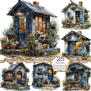 JPEG Kleines Frühlingsgartenhaus, umgeben von Pflanzen Clipart Bundle JPEG Sofortiger Download Papier Handwerk Junk Journal Scrapbooking