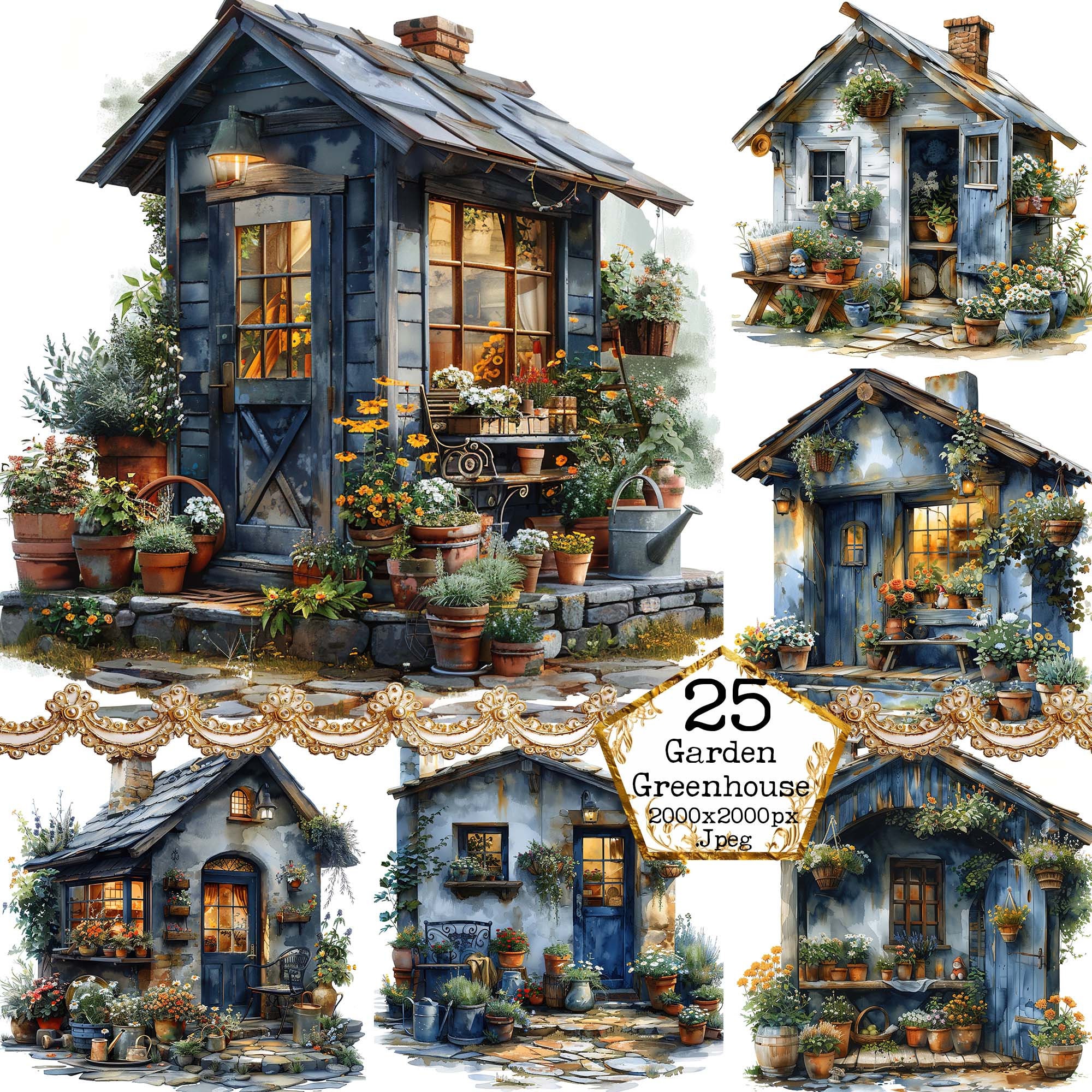 JPEG Small Spring Garden House Surrounded By Plants Clipart Bundle JPEG Instant Download Paper Crafts Junk Journal Scrapbooking