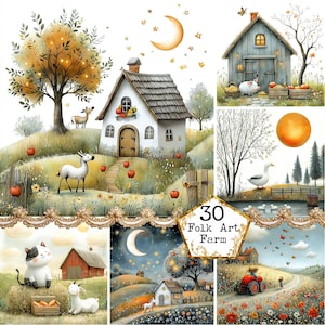 Acuarela JPEG, arte popular, gráficos de granja, animales de granja caprichosos, paisajes de granja, descarga instantánea, manualidades de papel, diario basura, álbumes de recortes