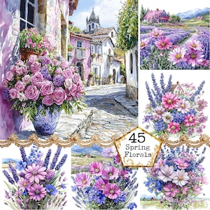 JPEG Watercolor Spring Flowers Graphics Bouquet Clipart Spring Landscape Images Instant Download Paper Crafts Junk Journal Scrapbooking