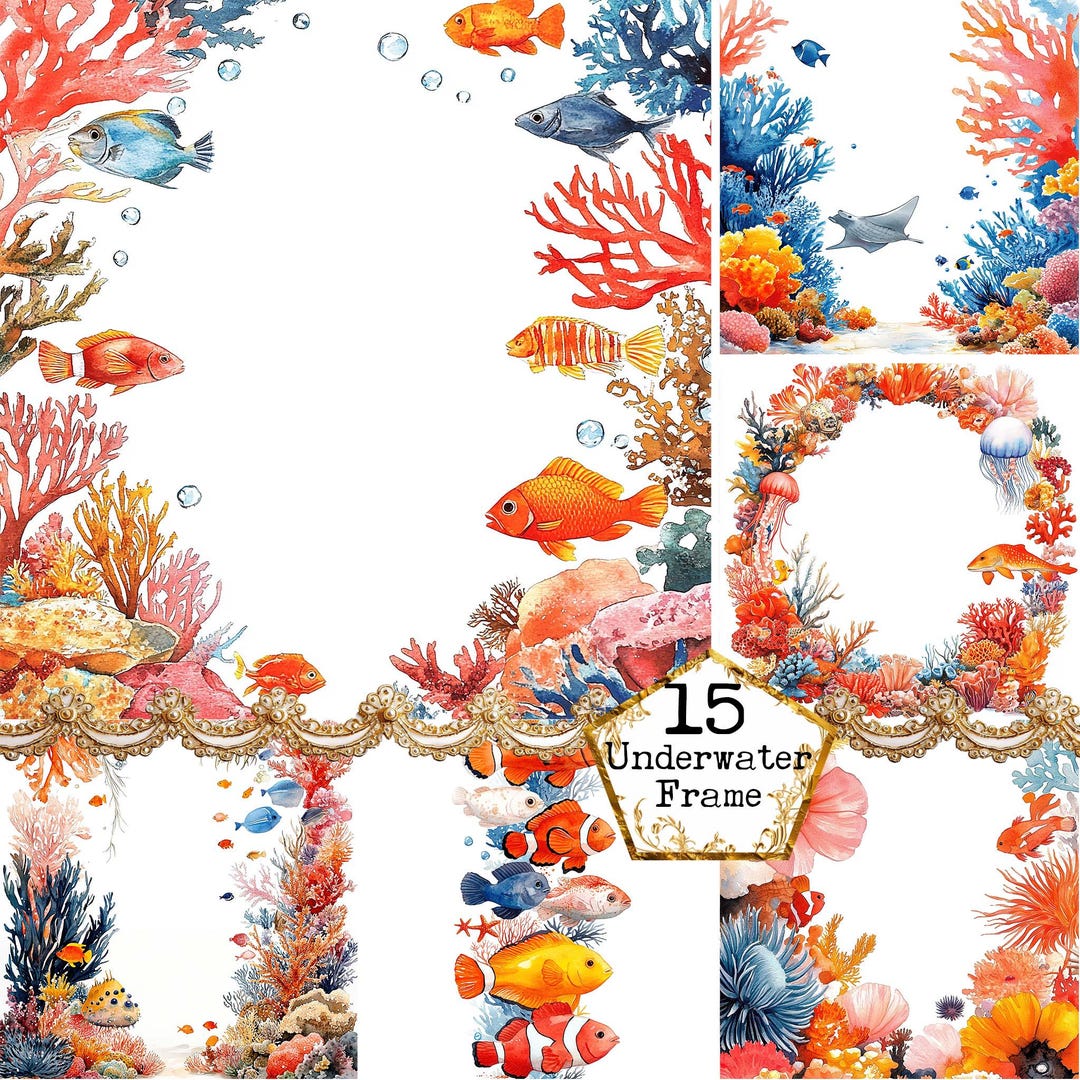 Reef Frame JPEG Watercolor Reef Frame Clipart Bundle Summer Frame Summer Border ...