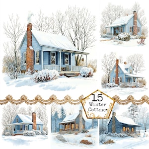 Imágenes prediseñadas de cabaña de invierno con acuarela JPEG, ilustraciones de paisajes invernales, descarga instantánea de invierno vintage, manualidades de papel, diario basura, álbumes de recortes