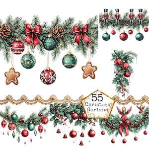 May include: A set of 55 Christmas garland digital clipart images. The images feature a variety of Christmas elements, including wreaths, ornaments, holly, and gingerbread. The images are perfect for creating festive crafts and decorations.