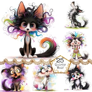 Pacote de clipart de lobo peculiar em JPEG, lobo caprichoso, lobo engraçado, clipart de animal peculiar, download instantâneo, artesanato em papel, diário de sucata, scrapbooking
