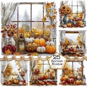 May include: A watercolour illustration depicting a harvest scene through a window. The image showcases pumpkins, gourds, and autumn leaves in warm tones. A lantern and vase are also present. The text "25 Harvest Window" is displayed within a decorative frame.
