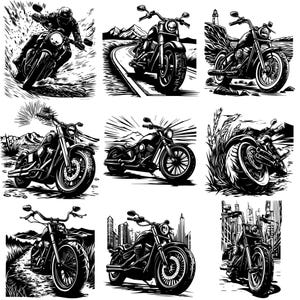 May include: A collection of nine black and white illustrations of motorcycles. Each illustration features a different motorcycle design and is set against a unique background, such as a city skyline, a mountain range, or a beach.