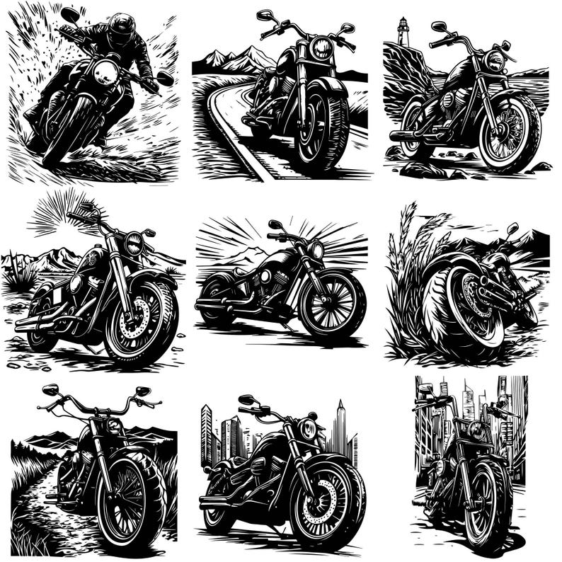 May include: A collection of nine black and white illustrations of motorcycles. Each illustration features a different motorcycle design and is set against a unique background, such as a city skyline, a mountain range, or a beach.