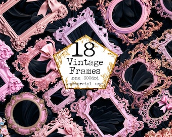 May include: A collection of 18 vintage pink and gold ornate picture frames with intricate details. The frames are arranged in a random pattern on a black background. The text "18 Vintage Frames .png 300dpi commercial use" is in the center of the image.