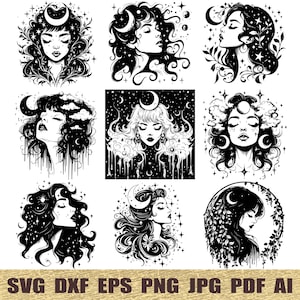 May include: Nine black and white illustrations of women with crescent moons in their hair. Each illustration features a different design, including stars, clouds, and floral elements.