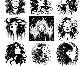 May include: Nine black and white illustrations of women with crescent moons in their hair. Each illustration features a different design, including stars, clouds, and floral elements.