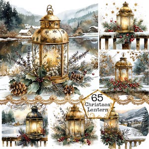 JPEG aquarelle lanterne de Noël clipart Bundle Téléchargement instantané hiver clipart usage commercial Artisanat en papier Junk Journal Scrapbooking