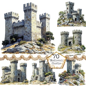 PNG + JPEG Watercolor Stone Medieval Castle Clipart Bundle Early Medieval Age Clipart Instant Download Paper Craft Junk Journal Scrapbooking