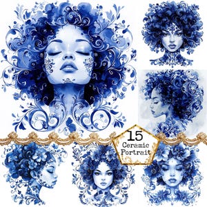 JPEG Piastrelle antiche blu con bella ragazza ritratto Clipart Piastrelle mediterranee Arte Download immediato Artigianato di carta Diario spazzatura Scrapbooking
