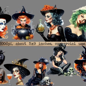 May include: A digital collage of ten images featuring witches, skulls, cauldrons, and other Halloween-themed elements. The images are set against a gray background.