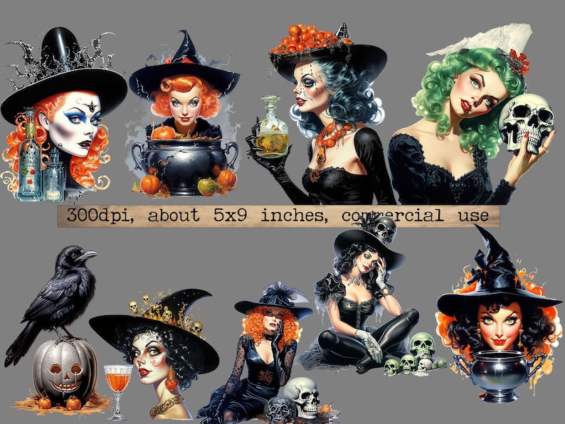 May include: A digital collage of ten images featuring witches, skulls, cauldrons, and other Halloween-themed elements. The images are set against a gray background.