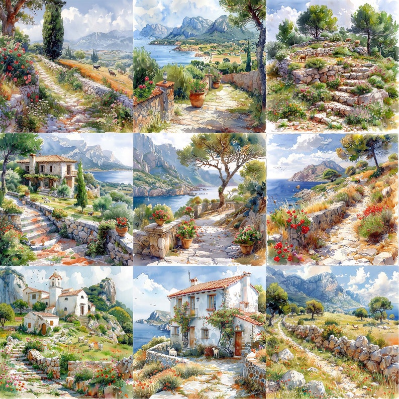 May include: A watercolor painting of a Mediterranean village with stone pathways, houses, and lush greenery. The painting features a blue sea, mountains, and a bright sky.