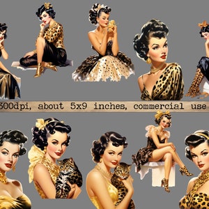 May include: Digital collage sheet featuring ten images of women in vintage style clothing and hairstyles. The women are wearing leopard print, gold jewelry, and have glamorous makeup. The images are set against a gray background.