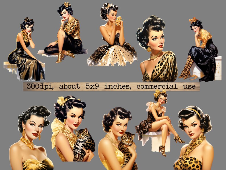 May include: Digital collage sheet featuring ten images of women in vintage style clothing and hairstyles. The women are wearing leopard print, gold jewelry, and have glamorous makeup. The images are set against a gray background.