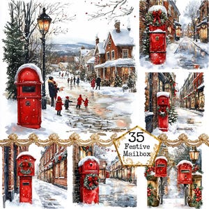 Pacchetto di sfondi per cassette postali festivi con acquerello JPEG, clipart di città invernali con acquerello, download immediato, artigianato di carta, diario spazzatura, scrapbooking