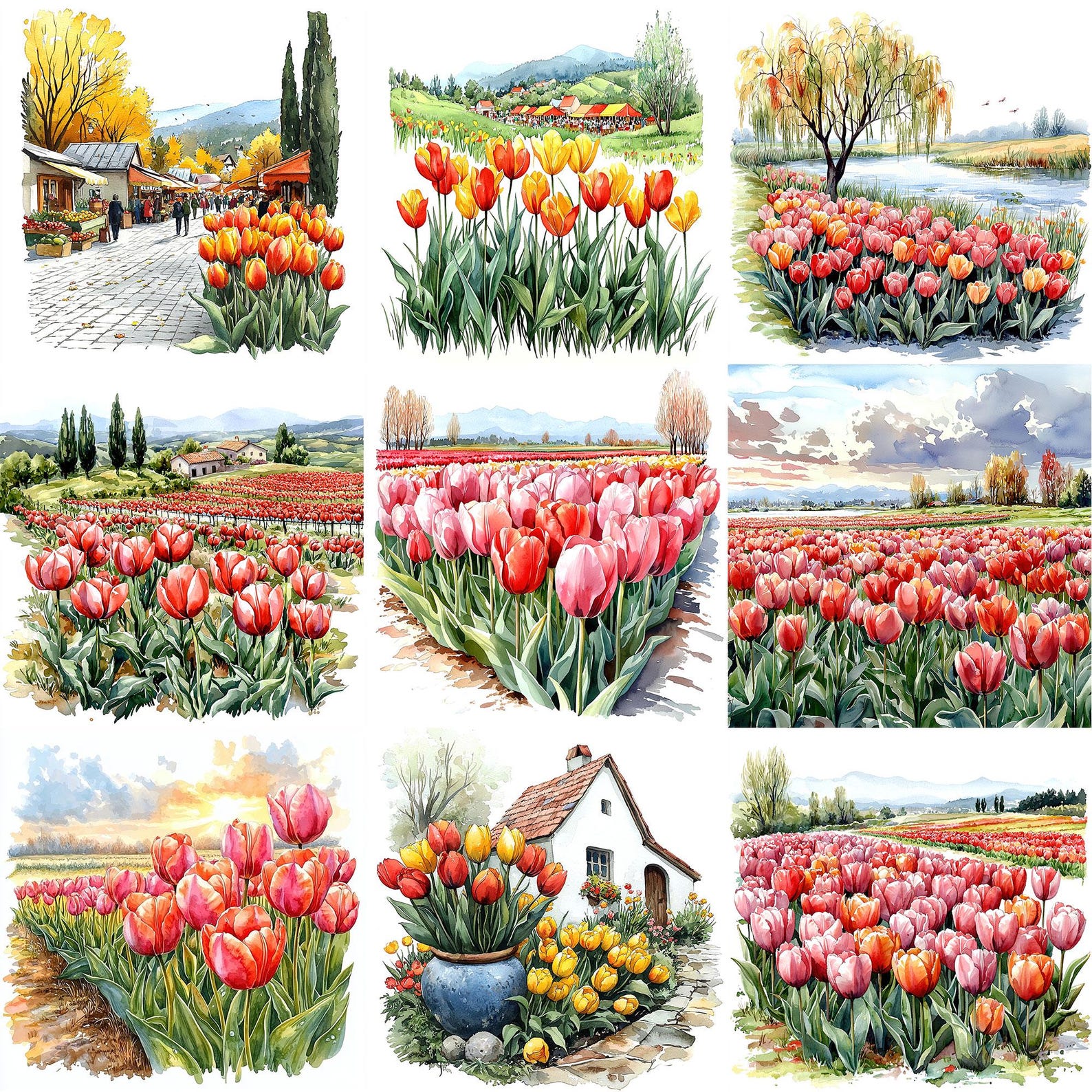 JPEG Watercolor Tulip Scene Clipart Bundle Spring Flowers Clipart ...