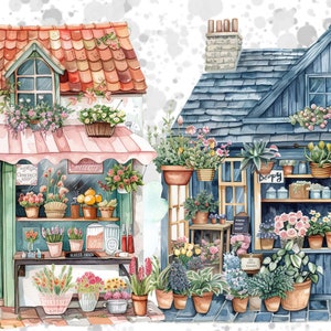May include: Two watercolor illustrations of flower shops. The shop on the left has a pink awning and is filled with flowers and plants. The shop on the right has a blue awning and is also filled with flowers and plants. Both shops have signs that say "Cherry Sweet" and "Berry".