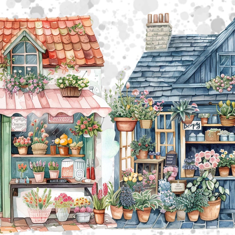 May include: Two watercolor illustrations of flower shops. The shop on the left has a pink awning and is filled with flowers and plants. The shop on the right has a blue awning and is also filled with flowers and plants. Both shops have signs that say "Cherry Sweet" and "Berry".