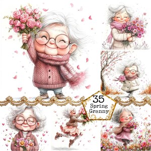 JPEG Aquarelle printanière grand-mère Clipart Bundle Funny floral grand-mère fleurs printanières Art Téléchargement instantané Papier Artisanat indésirable Journal Scrapbooking