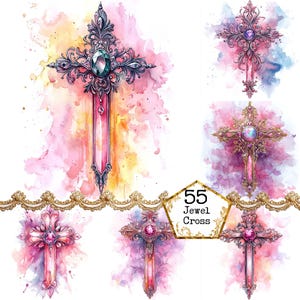 JPEG Acquerello Rosa Gioiello Croce Clipart Bundle Clipart Cristiano Clipart Religione Download Istantaneo Carta Artigianato Junk Journal Scrapbooking