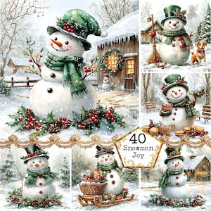 Imágenes de álbum de recortes con bufanda verde claro y muñeco de nieve en formato JPEG, gráficos de invierno, imprimibles festivos, descarga instantánea, manualidades con papel, diario basura, álbumes de recortes