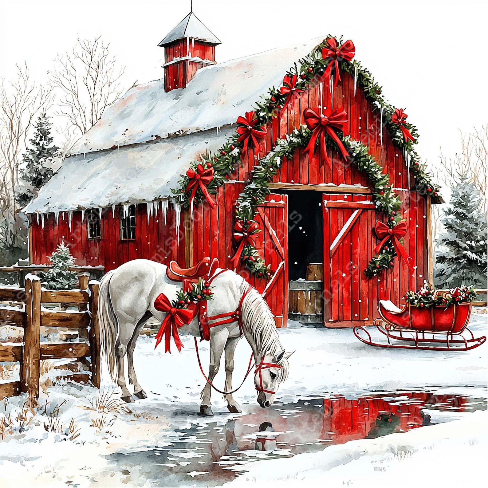 JPEG Watercolor Winter Red Barn With a White Horse and Christmas ...