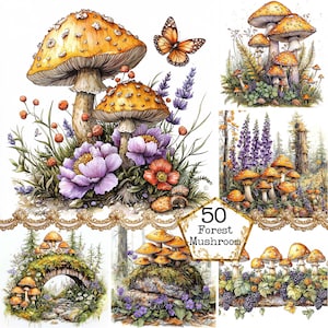 Bundle de cliparts aquarelle de champignons de la forêt, champignons toxiques et fleurs, téléchargement immédiat, travaux manuels en papier, journal indésirable, scrapbooking