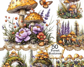 JPEG Aquarell Wald Pilze Clipart Bundle Giftige Pilze und Blumen Sofort Download Papier Handwerk Junk Journal Scrapbooking