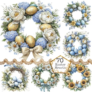 Puede incluir: Cinco coronas de Pascua diferentes con una variedad de flores de primavera, huevos azules y dorados y un nido de pájaro. Las coronas están decoradas con peonías blancas, hortensias azules, narcisos amarillos y girasoles.  70 Corona de Pascua.