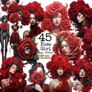 PNG rote Rosen Mädchen Aquarell Clipart Bundle Fantasy Clipart Sublimation Design PNG Sofort-Download Papier Handwerk Junk Journal Scrapbooking
