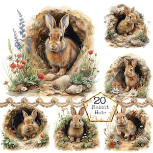 Aquarel konijn in een konijnenhol clipartbundel JPEG commercieel gebruik Instant Download dierlijke clipart papier ambachten ongewenste dagboek scrapbooking