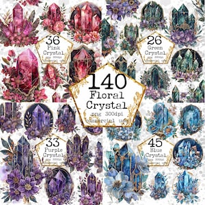May include: A set of 140 digital illustrations of floral crystals in pink, purple, green, and blue. The crystals are surrounded by flowers and have a gold trim. The text "140 Floral Crystal .png 300dpi commercial use" is in the centre of the image.