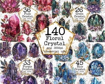 May include: A set of 140 digital illustrations of floral crystals in pink, purple, green, and blue. The crystals are surrounded by flowers and have a gold trim. The text "140 Floral Crystal .png 300dpi commercial use" is in the center of the image.