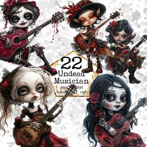 PNG Undead Musician Clipart Bundle Gothic Clipart Día de los Muertos Clipart PNG Cráneos Descarga instantánea Paper Crafts Junk Journal Scrapbooking
