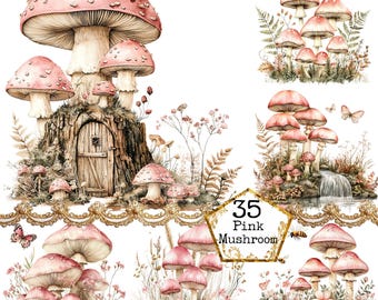 PNG + JPEG Watercolor Magical Mushroom Clipart Bundle Glowing Mushroom Fairy Clipart Instant Download Paper Crafts Junk Journal Scrapbooking