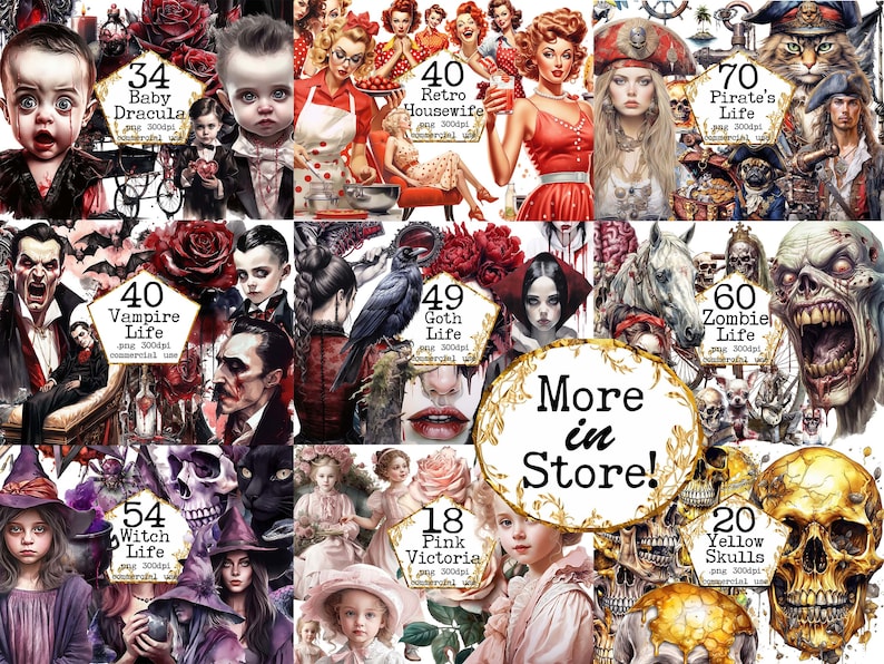May include: A collage of digital illustrations featuring various characters and themes, including a baby vampire, a retro housewife, a pirate, a goth girl, a zombie, a witch, a pink Victorian girl, and yellow skulls. The images are all in a cartoon style and have a dark and whimsical feel.